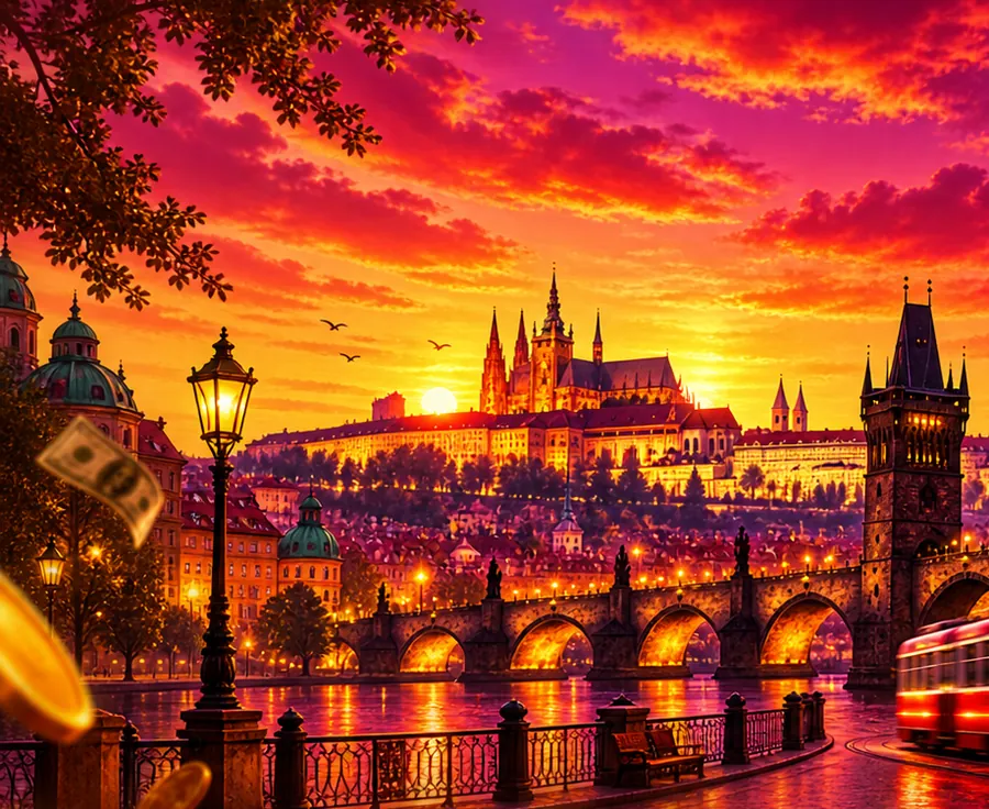 Il lungofiume al tramonto davanti al Banco d'Oro di Pawnbet